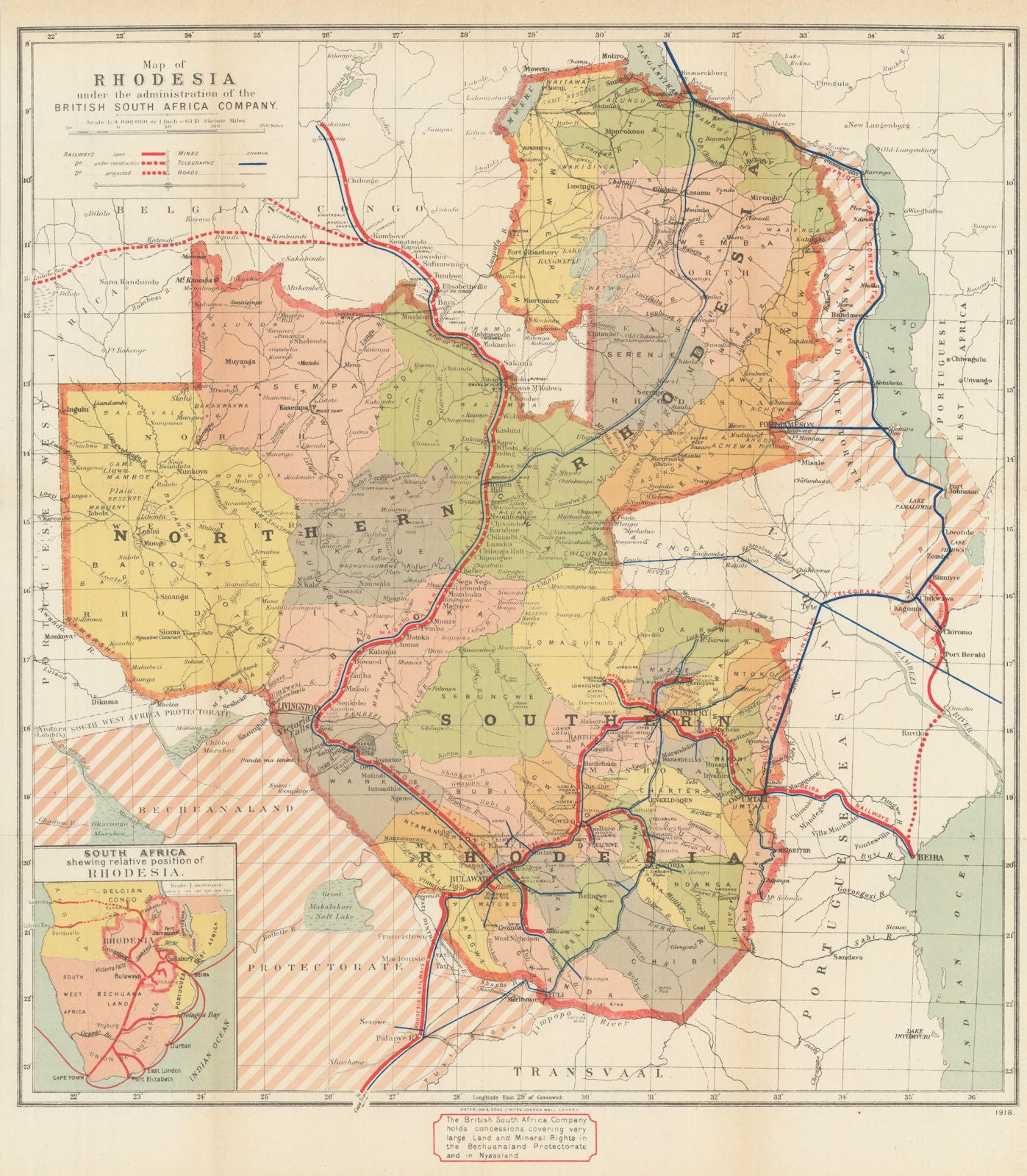 Rhodesia. British South Africa Co. Zimbabwe Zambia. Game Reserves Mines 1919 map